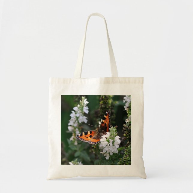 Bolso De Tela Mariposa naranja y flores blancas (Frente)