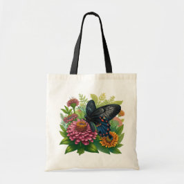 Bolso De Tela Mariposa negra salvando una zinnia rosa entre los 