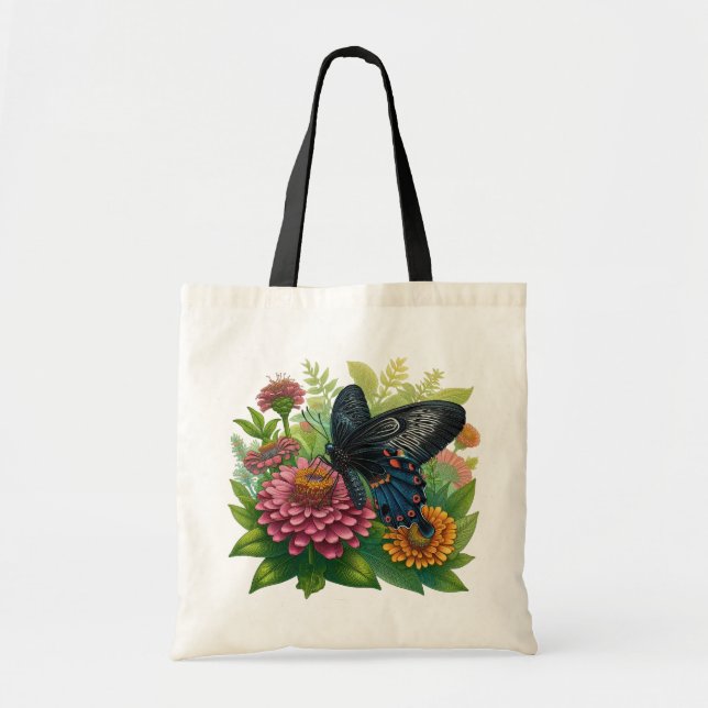 Bolso De Tela Mariposa negra salvando una zinnia rosa entre los  (Frente)