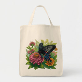 Bolso De Tela Mariposa negra salvando una zinnia rosa entre los 