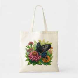 Bolso De Tela Mariposa negra salvando una zinnia rosa entre los 