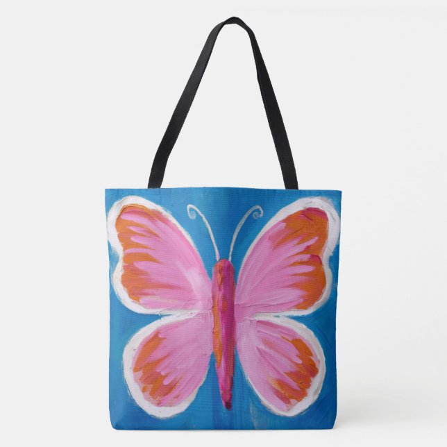 Bolso De Tela Mariposa rosa vibrante con fondo azul (Anverso)