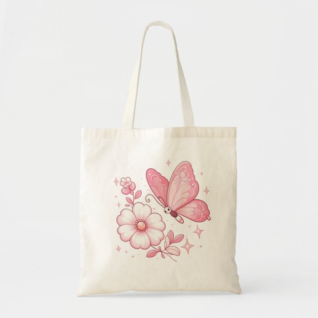 Bolso De Tela Mariposa rosa y flores (Frente)