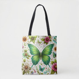 Bolso De Tela Mariposa verde rodeada de flores
