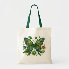 Bolso De Tela Mariposa verde rodeada de flores verdes