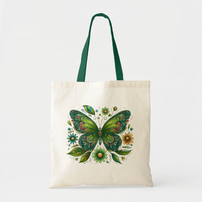Bolso De Tela Mariposa verde rodeada de flores verdes (Frente)