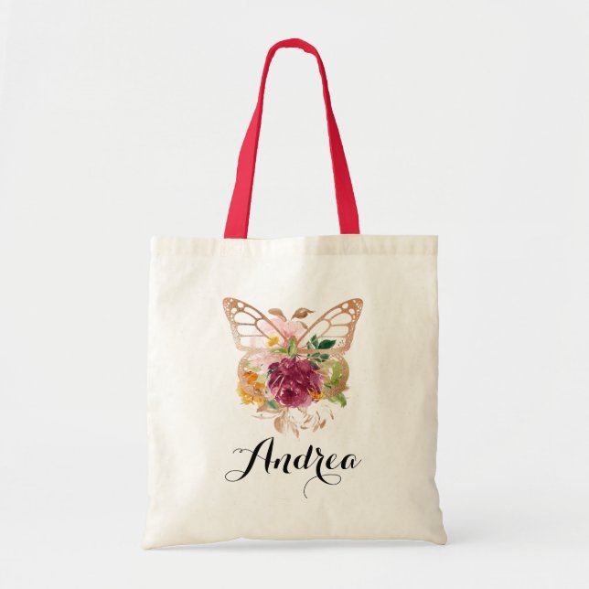 Bolso De Tela Mariposa y flores acuarela boho Dama de honor (Frente)