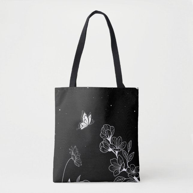 Bolso De Tela Mariposa y flores negras y blancas en el arte noct (Anverso)