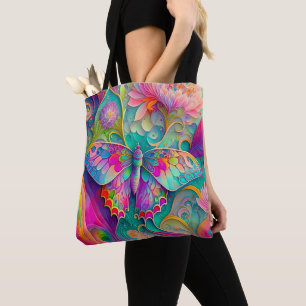 Bolso De Tela Mariposa y flores psicodélicas coloridas