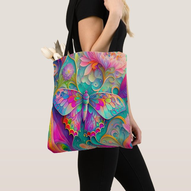 Bolso De Tela Mariposa y flores psicodélicas coloridas (Detalle)