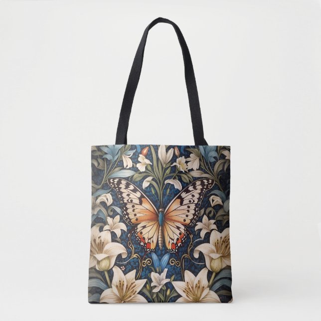 Bolso De Tela Mariposa y Lilies Botánico (Anverso)