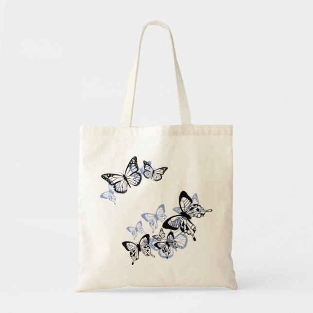 Bolso De Tela Mariposas de esténcil azul-negro (Frente)
