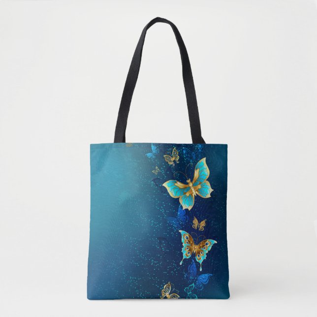 Bolso De Tela Mariposas doradas sobre fondo azul (Anverso)