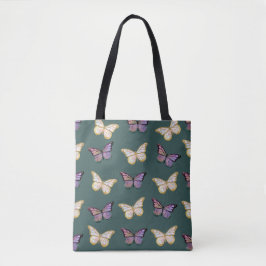 Bolso De Tela Mariposas doradas y moradas Fondo verde oscuro