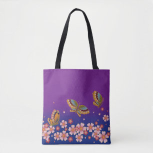 Bolso De Tela Mariposas japonesas en medio de sakura florecen en