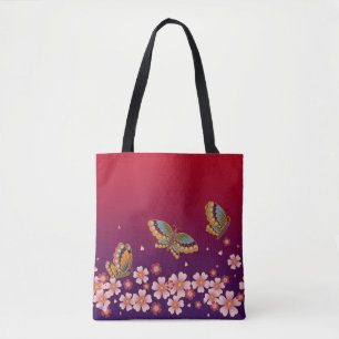 Bolso De Tela Mariposas japonesas en medio del Sakura florecen e