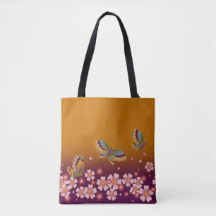Bolso De Tela Mariposas japonesas en medio del Sakura florecen e