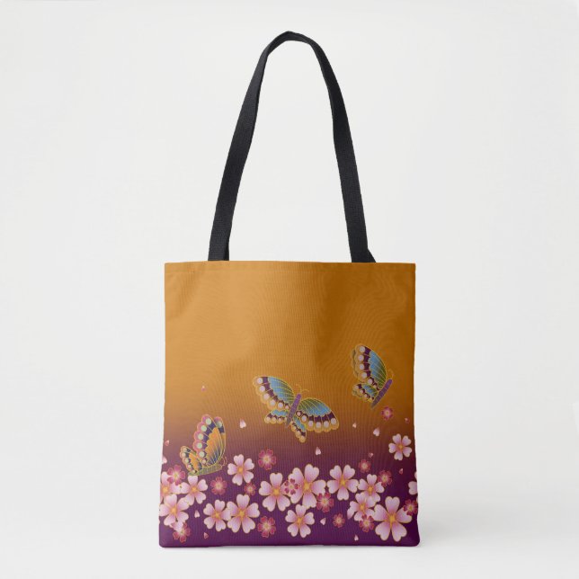 Bolso De Tela Mariposas japonesas en medio del Sakura florecen e (Anverso)