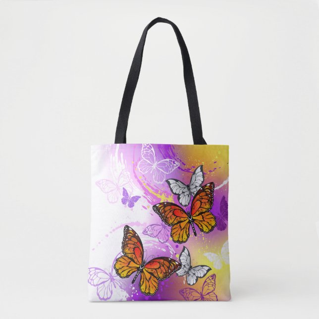 Bolso De Tela Mariposas monarcas en fondo morado (Anverso)