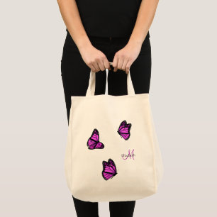 Bolso De Tela mariposas rosadas púrpuras coqueteando sobre una b