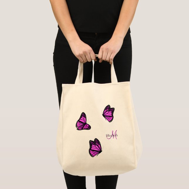 Bolso De Tela mariposas rosadas púrpuras coqueteando sobre una b (Anverso (producto))