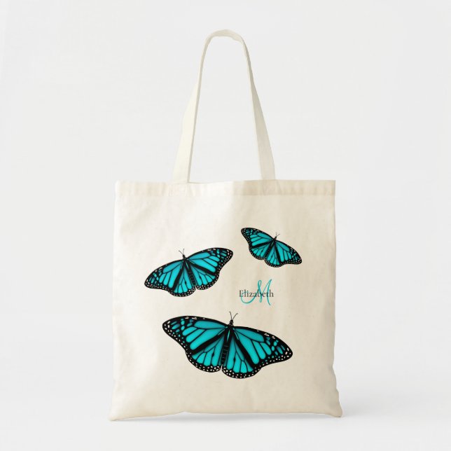 Bolso De Tela Mariposas turquesa verde azuladas personalizadas (Frente)