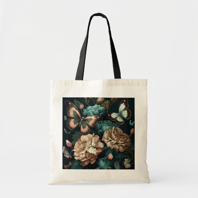 Bolso De Tela Mariposas y flores diseño clásico oscuro (Frente)