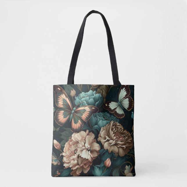 Bolso De Tela Mariposas y flores diseño clásico oscuro (Anverso)