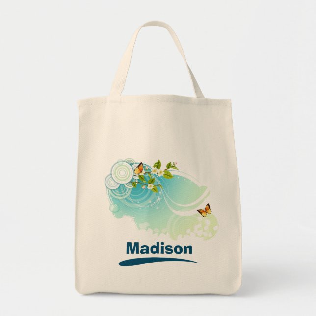 Bolso De Tela Mariposas y flores en flor (Frente)
