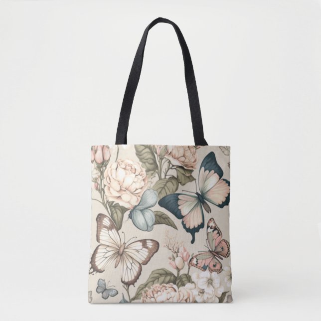 Bolso De Tela Mariposas y flores pastel (Anverso)