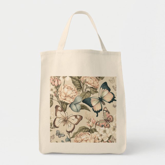 Bolso De Tela Mariposas y flores pastel (Frente)