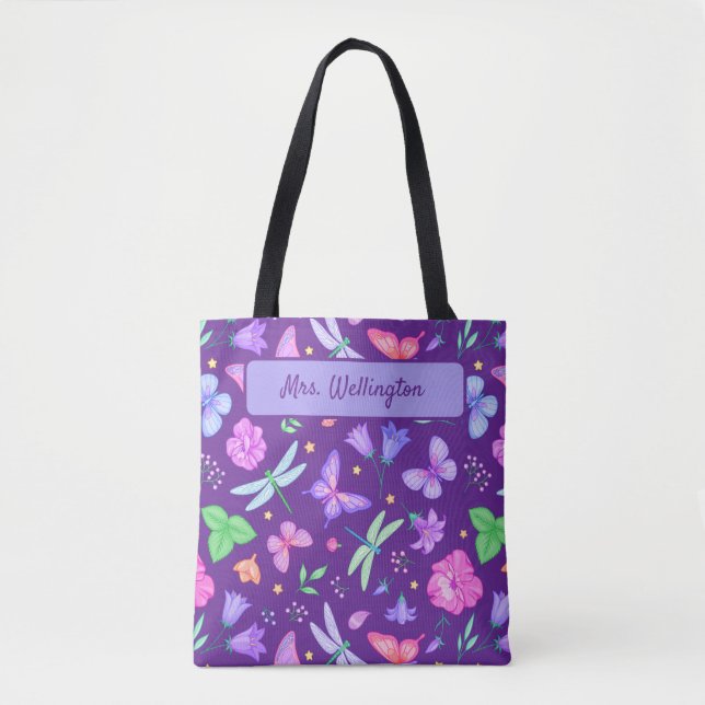 Bolso De Tela Mariposas y libélulas flores moradas y rosadas (Anverso)