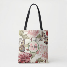 Bolso De Tela Mariposas y Peonías con Tinte Vintage y Monograma