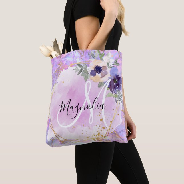 Bolso De Tela Mármol arcoiris rosa y dorado morado floral (Detalle)