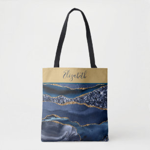 Bolso De Tela Mármol de Agata Brillante Azul Dorado con Monogram