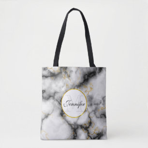 Bolso De Tela Mármol gris blanco moderno con monograma de cinta 