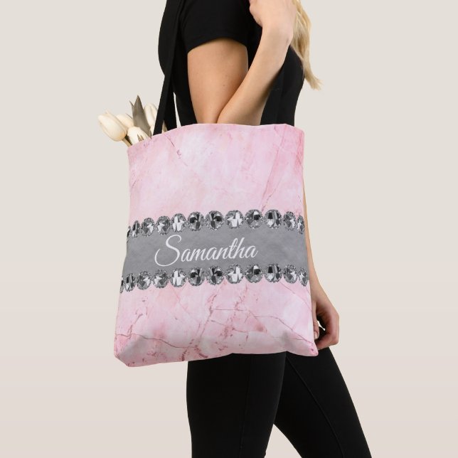 Bolso De Tela Mármol rosa plateado de diamantes Personalizado (Detalle)