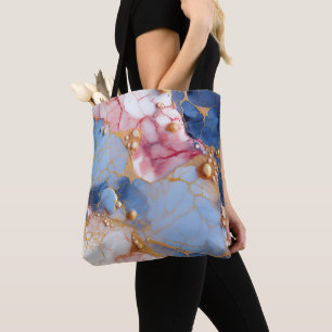 Bolso De Tela Mármol Rosa y Zafiro con Perlas Doradas