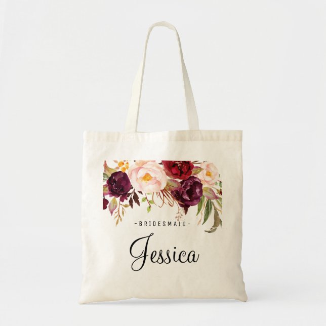 Bolso De Tela Marsala Burgundy Rustic Floral Bridesmaid (Frente)