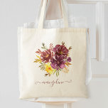 Bolso De Tela Marsala Burgundy Watercolor Floral Personalizado<br><div class="desc">Hermosa bolsa de tela de acuarela personalizada de color púrpura y marrón con su nombre de caligrafía manuscrita personalizado.</div>