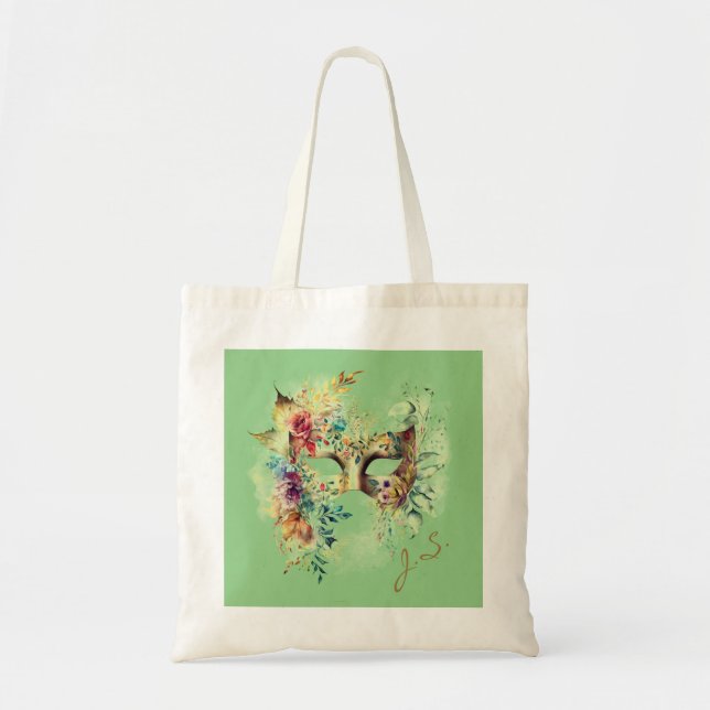 Bolso De Tela Máscara de carnaval veneciano con flores verdes (Frente)