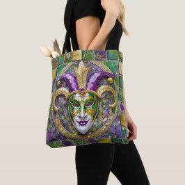 Bolso De Tela Máscara de Jester Mardi Gras verde dorado