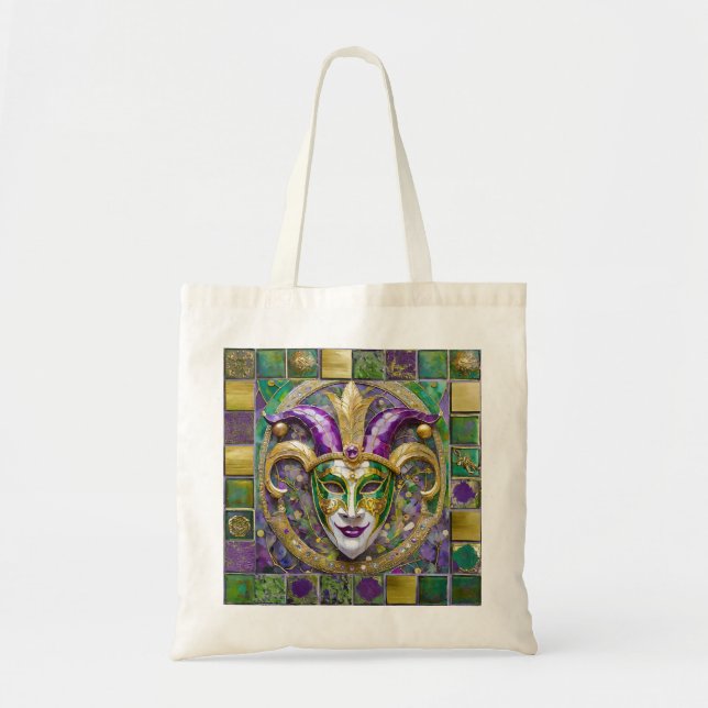Bolso De Tela Máscara de Jester Mardi Gras verde dorado (Frente)