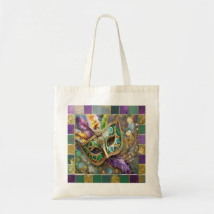 Bolso De Tela Máscara de plumas de color verde y oro de Mardi Gr