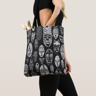 Bolso De Tela Mascarillas tribales africanas con Tote blanco neg