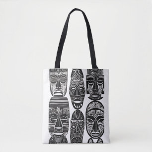 Bolso De Tela Mascarillas tribales africanas con Tote blanco neg