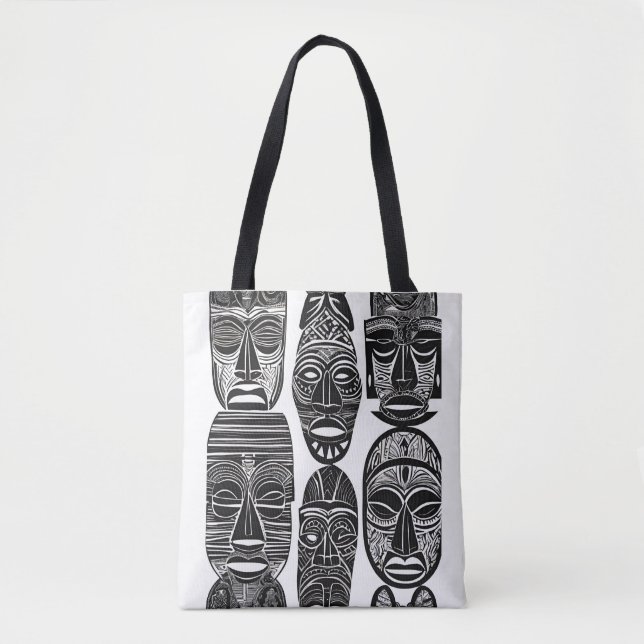 Bolso De Tela Mascarillas tribales africanas con Tote blanco neg (Anverso)