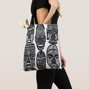 Bolso De Tela Mascarillas tribales africanas con Tote blanco neg