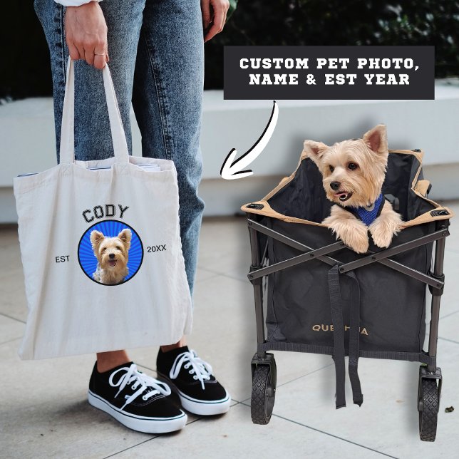 Bolso De Tela Mascota de foto de perro lindo nombre EST fecha ti (Cute Custom Dog Photo with Pet's Name and Est Year or Birthday Varsity Font Tote Bag Pet Lovers Gift)