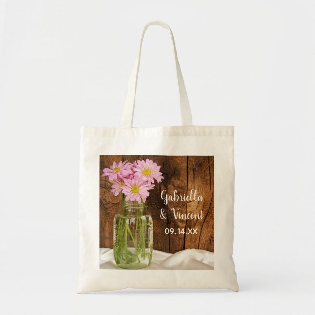 Bolso De Tela Mason Jar Pink Daisies Country Barn Boda (Frente)